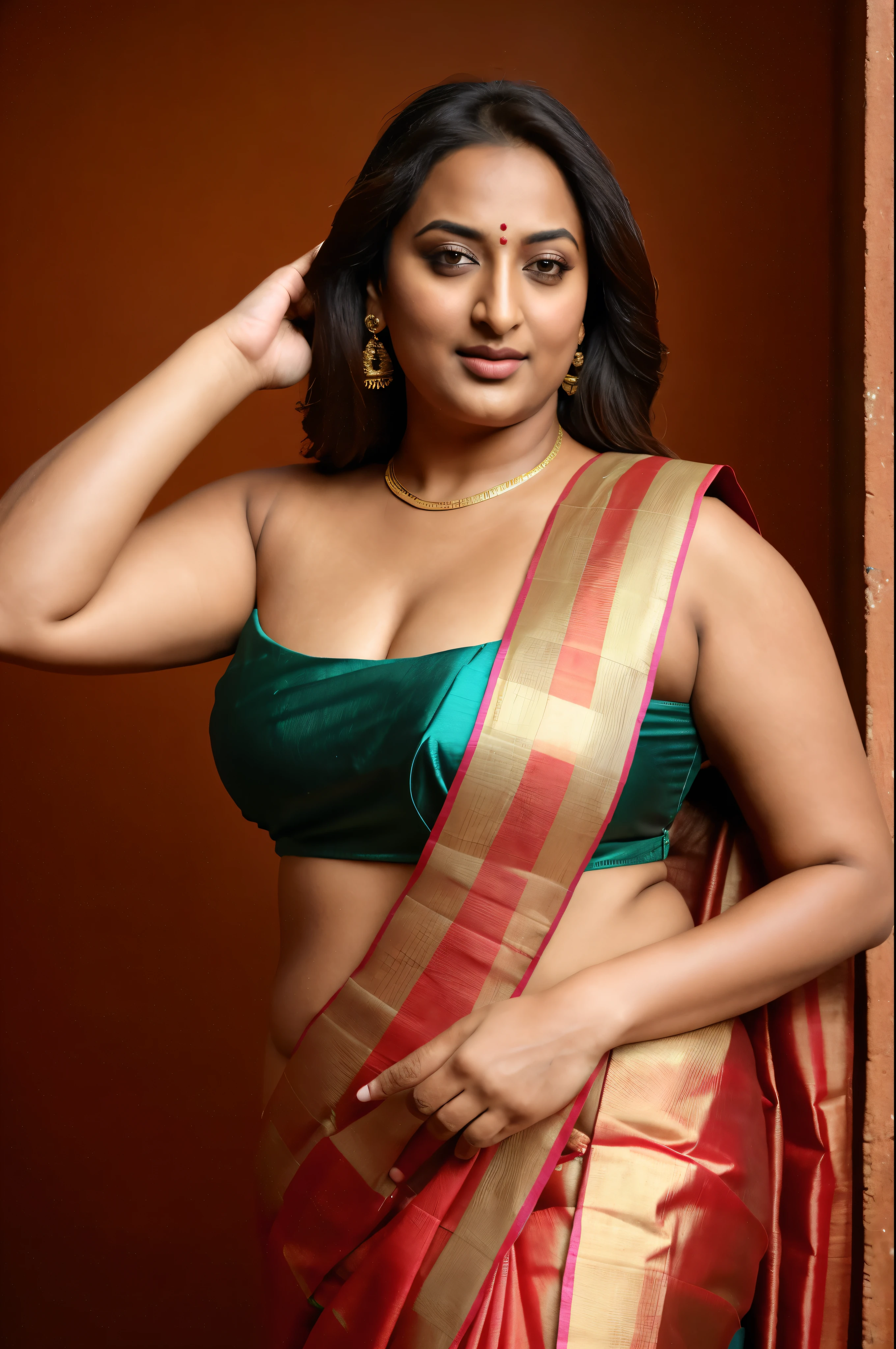 Foto RAW, photorealistic, photography, full body shot, 50 years old Woman, master shot, perfect eyes, goddess like beauty, pierced eyes, perfect thick chubby mallu Desi aunty bhabhi, Wearing a Stanapatta, a chest-band.Saree model, model Photography, Indian saree shoot, Indian traditional wear advertising photography, traditional wear brand shoot, face of Indian actress Sonakshi Sinha, masterpiece, realistic, realism, incredible details,  pleasure, photorealism, detailed skin, skin pores, high contrast, photorealistic Artstation 8k HD digital art trend of high definition and detailed realistic skin texture, ultra detail, realistic skin texture, armature, best quality, ultra high definition, (photorealistic:1.4),, high resolution, detail, raw photo, sweat, Re sharp, by Lee Jefferies Nikon D850 Film Stock Photo 4 Kodak Portra 400 Camera F1.6 Lens Rich Color Ultra Real Realistic Realistic Textures Dramatic Lighting Unreal Engine Trending at Art Station Cinestill 800,(pele altamente detalhada: 1.2), 8k UHD, DSLR, soft-lighting, alta qualidade, grain of film, Fujifilm XT3,she didn't like to wear blouse or bra, she is happy to wear only saree, she hates blouse or bra, detailed hairy armpits, hyper realistic skin, skin pores, sweat, veins, short hairs on armpit, stubble armpits, hyper realistic hairy armpits, low waist saree, 