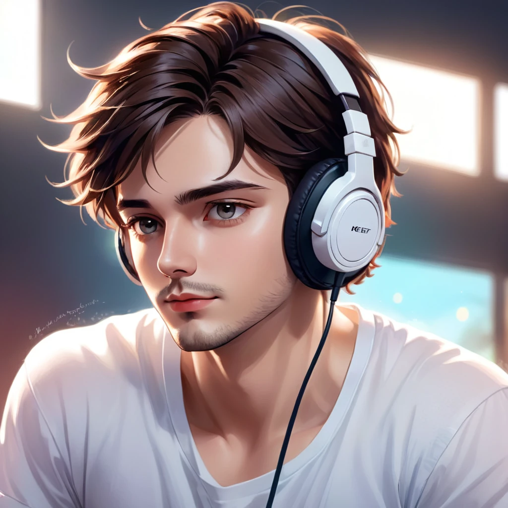 a close-up of a man with headphones and a white shirt, a digital painting inspired by Adam Dario Keel, trend on DeviantArt, digital art, high quality portrait, Digital Cartoon Painting Art, cartoon digital painting, digital art picture, realistic art style, handsome stunning realistic, realism artistic style, cartoon digital art, digital art high quality, cartoon art style, animated handsome man