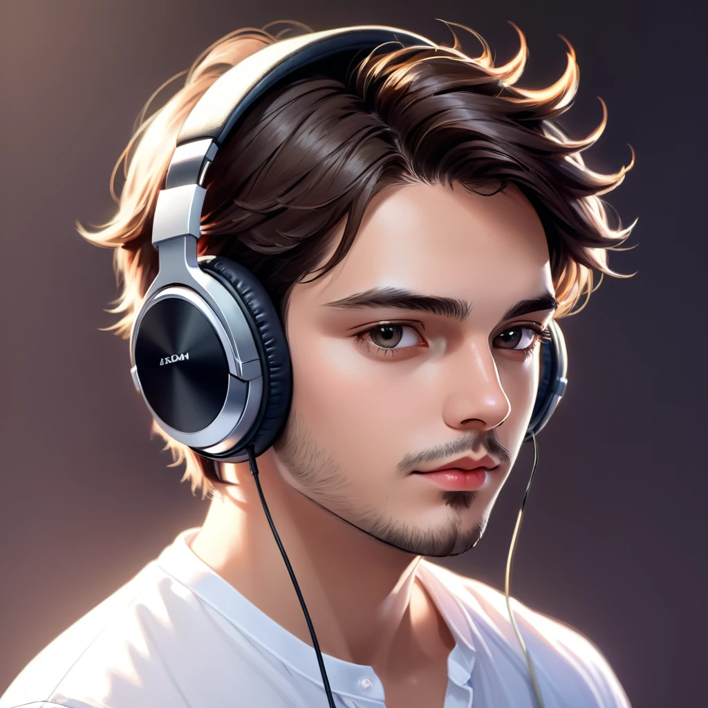 a close-up of a man with headphones and a white shirt, a digital painting inspired by Adam Dario Keel, trend on DeviantArt, digital art, high quality portrait, Digital Cartoon Painting Art, cartoon digital painting, digital art picture, realistic art style, handsome stunning realistic, realism artistic style, cartoon digital art, digital art high quality, cartoon art style, animated handsome man