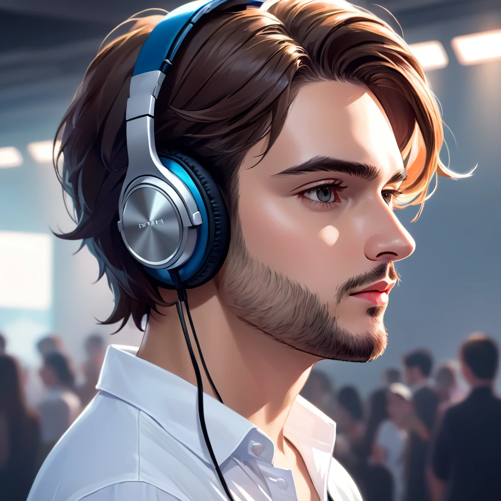 a close-up of a man with headphones and a white shirt, a digital painting inspired by Adam Dario Keel, trend on DeviantArt, digital art, high quality portrait, Digital Cartoon Painting Art, cartoon digital painting, digital art picture, realistic art style, handsome stunning realistic, realism artistic style, cartoon digital art, digital art high quality, cartoon art style, animated handsome man