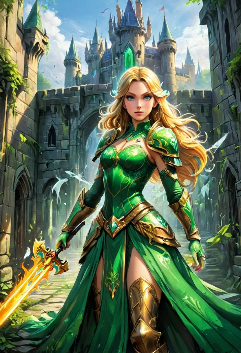 a  graffiti painting art on the wall of the castle of Princess Zelda on the wall of a castle, ,Princess Zelda (intense details, Masterpiece, best quality: 1.5), wearing intricate green dress, delicate diamond crow, ultra detailed face, ultra feminine, fair skin, exquisite beauty, gold hair, long hair, wavy hair, small pointed ears, dynamic eyes color, wearing heavy green and white armor, shinning metal, armed with elven sword, ais-graffiti, chumbasket art style, graffiti art, Wielding sword