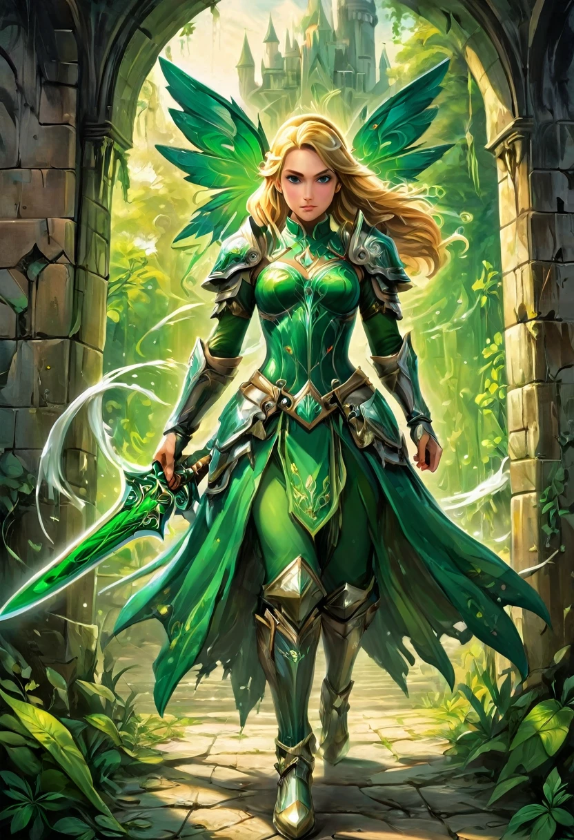 a  graffiti painting art on the wall of the castle of Princess Zelda on the wall of a castle, ,Princess Zelda (intense details, Masterpiece, best quality: 1.5), wearing intricate green dress, delicate diamond crow, ultra detailed face, ultra feminine, fair skin, exquisite beauty, gold hair, long hair, wavy hair, small pointed ears, dynamic eyes color, wearing heavy green and white armor, shinning metal, armed with elven sword, ais-graffiti, chumbasket art style, graffiti art, Wielding sword