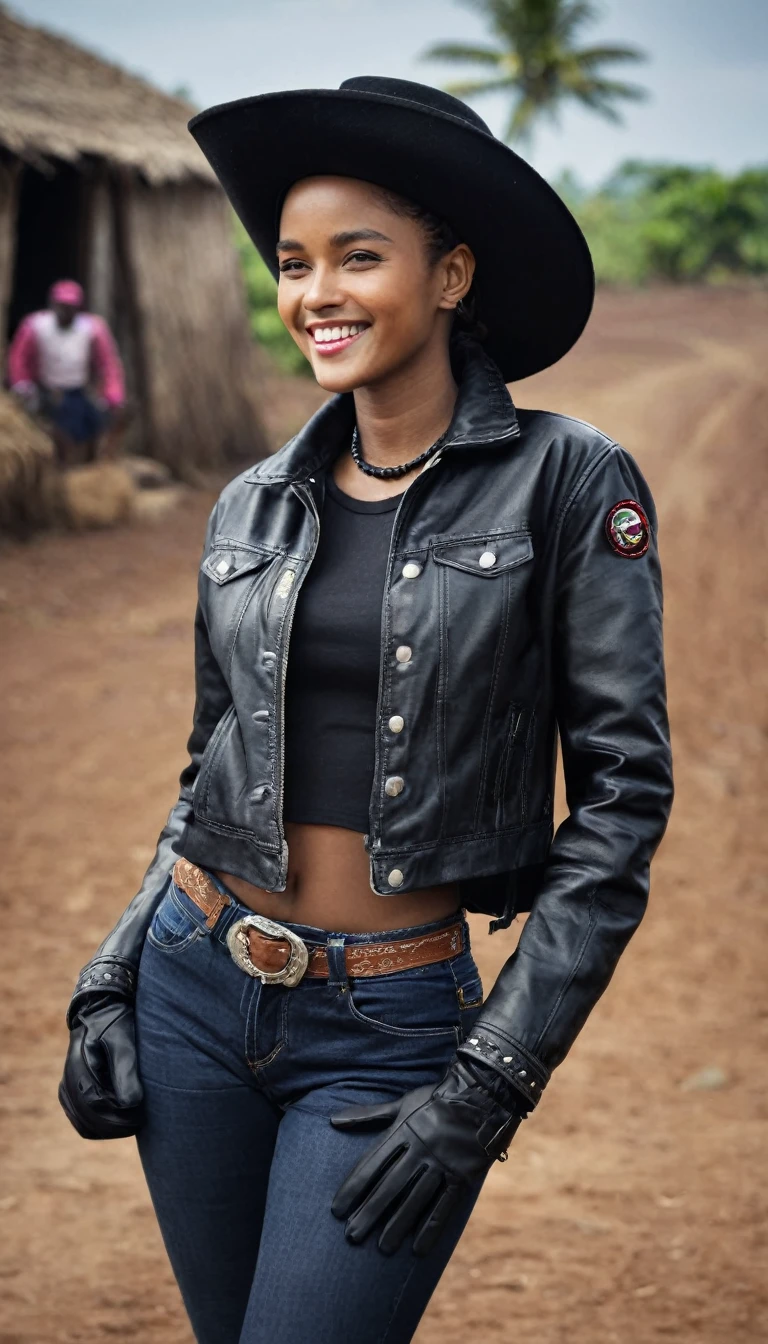(​masterpiece, best quality:1.2), Cowboy-shot, alone, 1 girl, Comoros met, smile, Viewers look at, black headwear, jacket, long sleeve, gloves