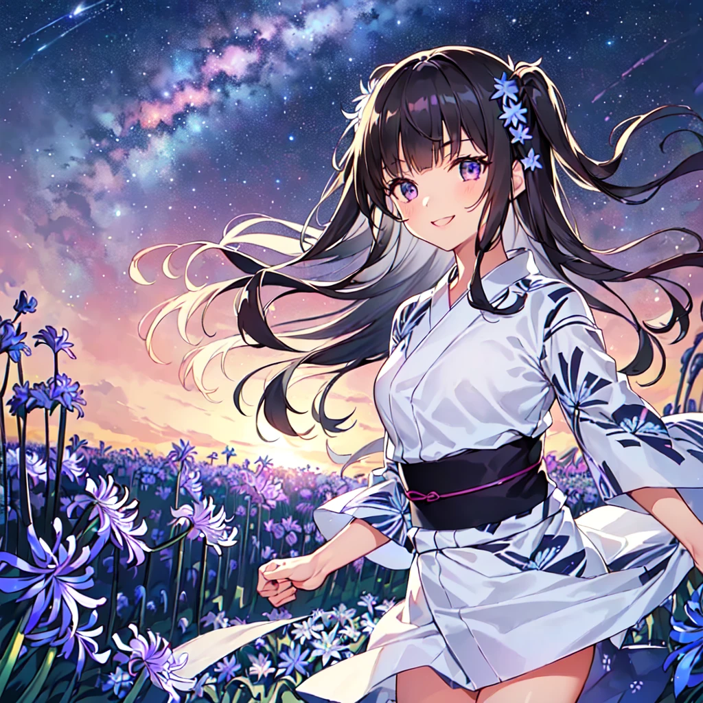 masterpiece, best quality, high quality, extremely detailed, very delicate and beautiful, (1 female 18 years old solo:1.5), (long black hair up to waist with two side up:1.5), bangs to eyebrows, eyes Eyes: 1.5), (long black hair up to waist with two side up), (bangs to eyebrows), (eyes: 1.3), (eye color magenta: 1.3), 6.5 head height, (yukata with agapanthus flower print: 1.3), knee socks, lace, frills, (smile), (running: 1.3), (smile), (dynamic pose), (agapanthus flower field in background: 1.3), ( Milky Way Night Sky: 1.3), (upper body:1.3)