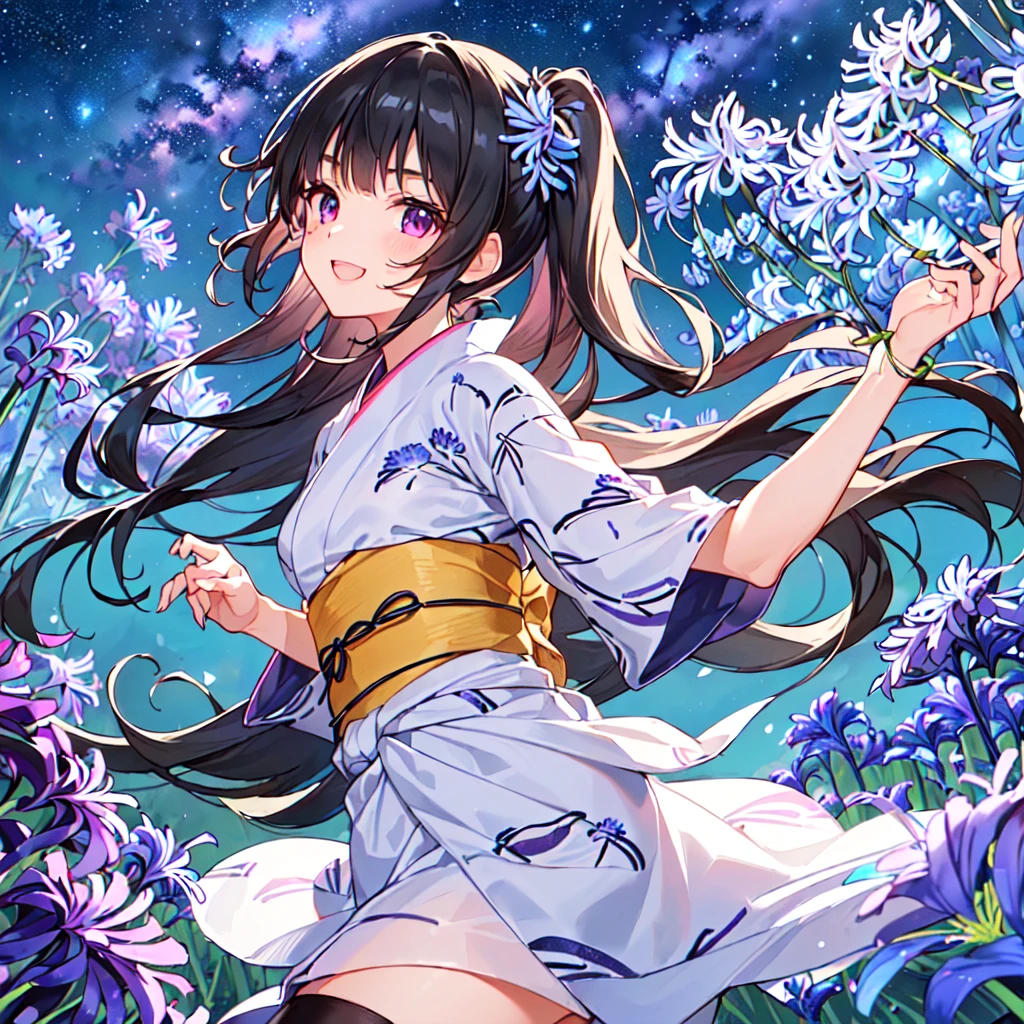 masterpiece, best quality, high quality, extremely detailed, very delicate and beautiful, (1 female 18 years old solo:1.5), (long black hair up to waist with two side up:1.5), bangs to eyebrows, eyes Eyes: 1.5), (long black hair up to waist with two side up), (bangs to eyebrows), (eyes: 1.3), (eye color magenta: 1.3), 6.5 head height, (yukata with agapanthus flower print: 1.3), knee socks, lace, frills, (smile), (running: 1.3), (smile), (dynamic pose), (agapanthus flower field in background: 1.3), ( Milky Way Night Sky: 1.3), (upper body:1.3)