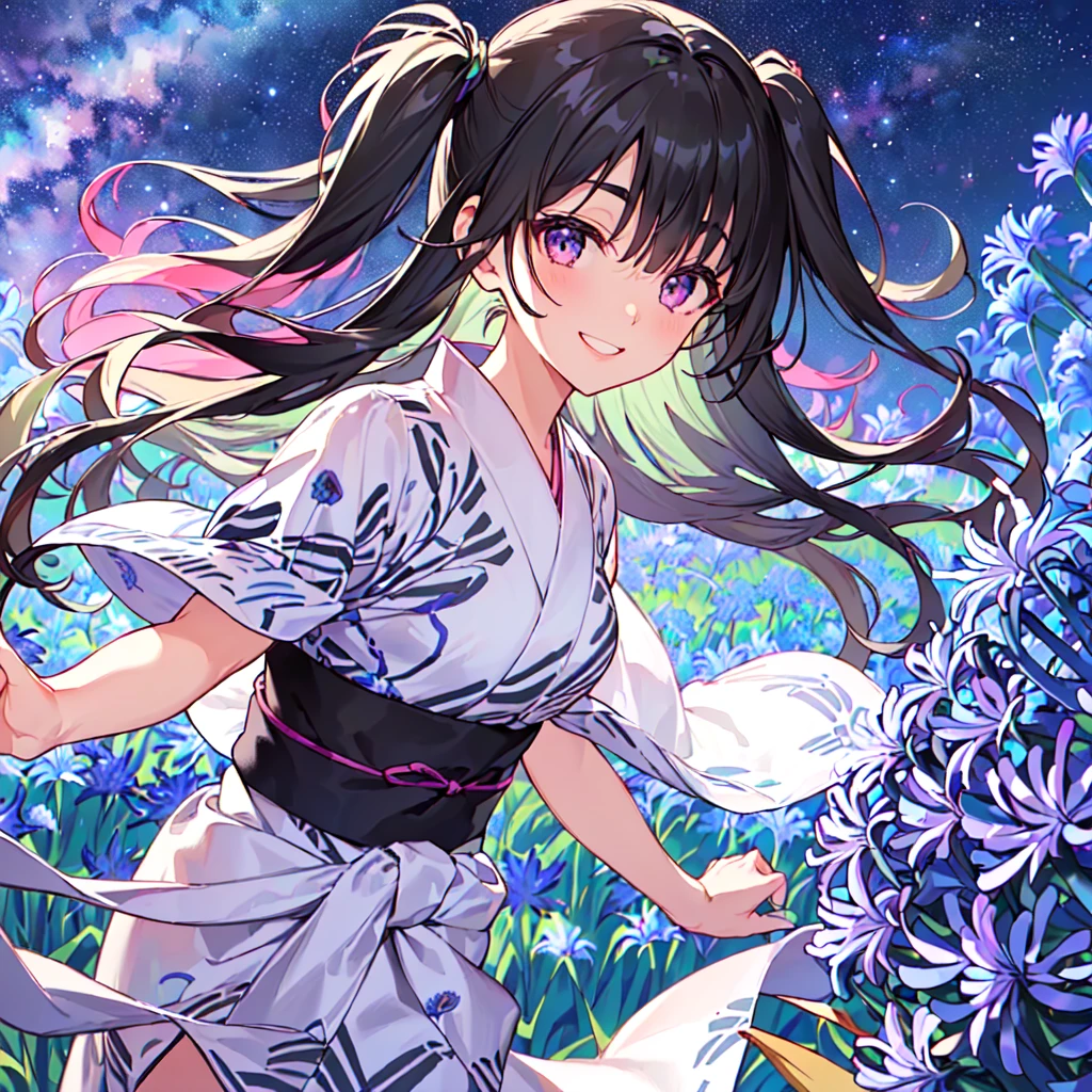 masterpiece, best quality, high quality, extremely detailed, very delicate and beautiful, (1 female 18 years old solo:1.5), (long black hair up to waist with two side up:1.5), bangs to eyebrows, eyes Eyes: 1.5), (long black hair up to waist with two side up), (bangs to eyebrows), (eyes: 1.3), (eye color magenta: 1.3), 6.5 head height, (yukata with agapanthus flower print: 1.3), knee socks, lace, frills, (smile), (running: 1.3), (smile), (dynamic pose), (agapanthus flower field in background: 1.3), ( Milky Way Night Sky: 1.3), (upper body:1.3)