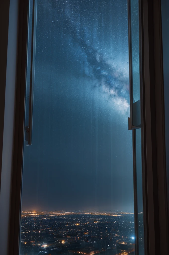 The view of the sky through a window on a rainy night