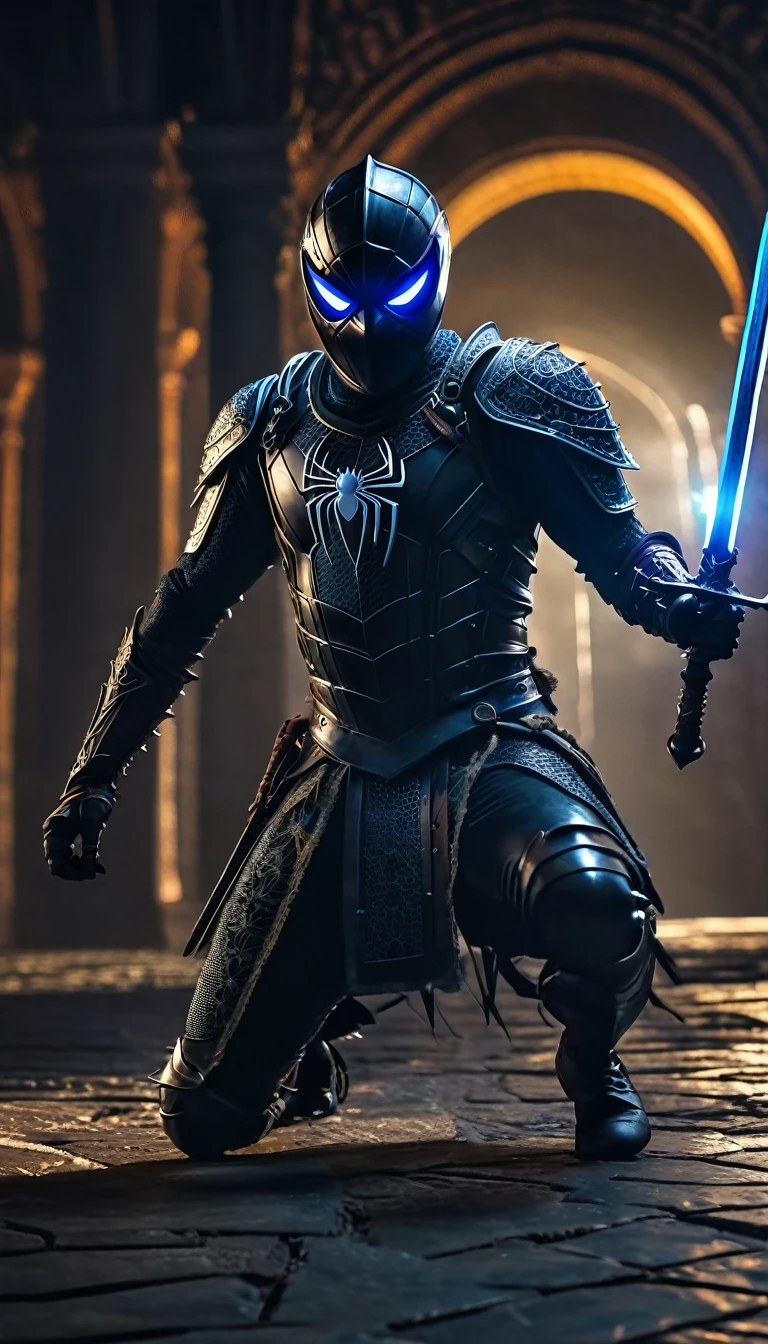 a medieval knight spider-man, highly detailed, medieval armor, sword in hand, spider web all over, dark medieval coliseum background, dramatic lighting, neon accents, moody, photorealistic, cinematic, hyper detailed, 8k, best quality