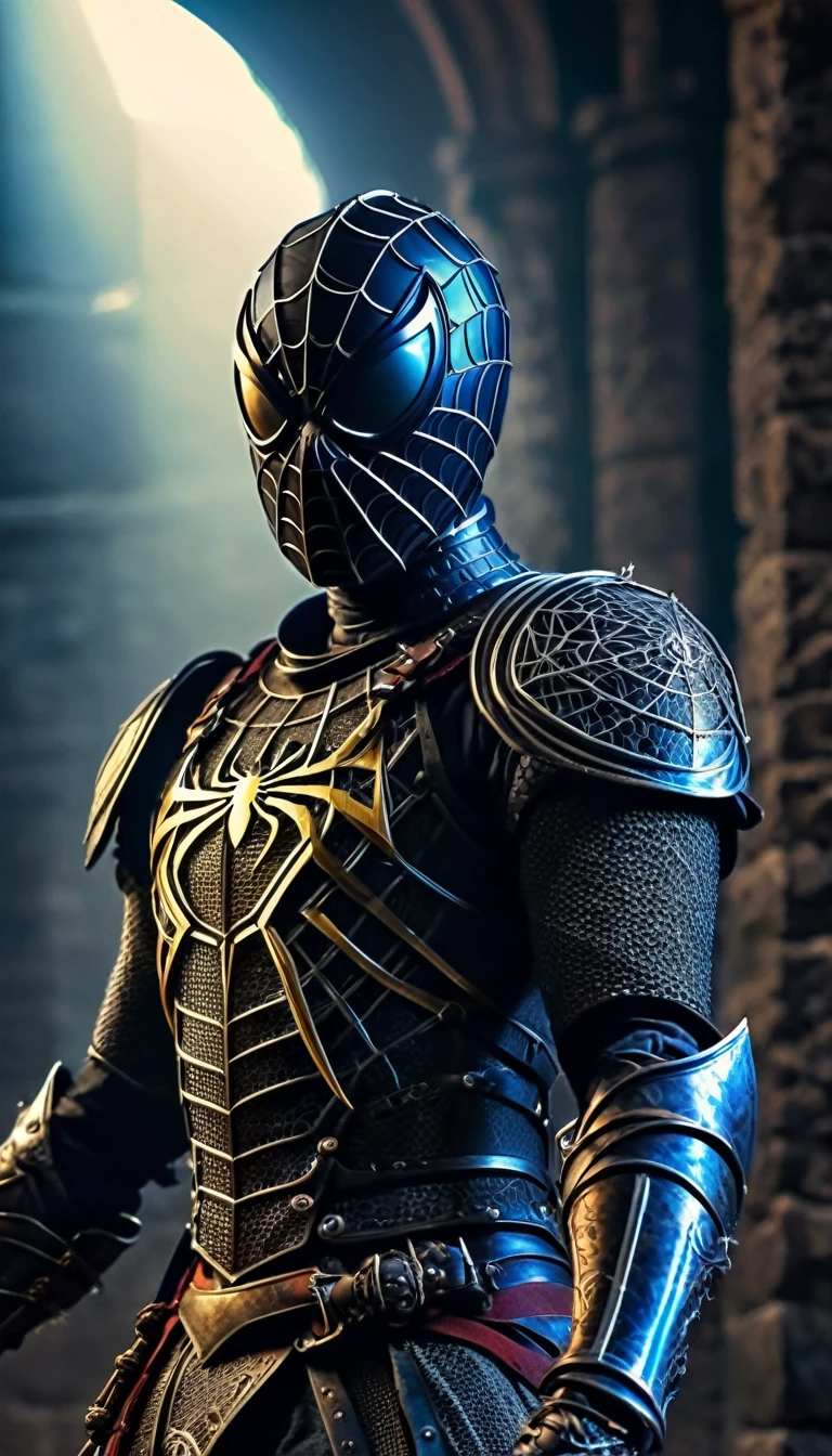 a medieval knight spider-man, highly detailed, medieval armor, sword in hand, spider web all over, dark medieval coliseum background, dramatic lighting, neon accents, moody, photorealistic, cinematic, hyper detailed, 8k, best quality