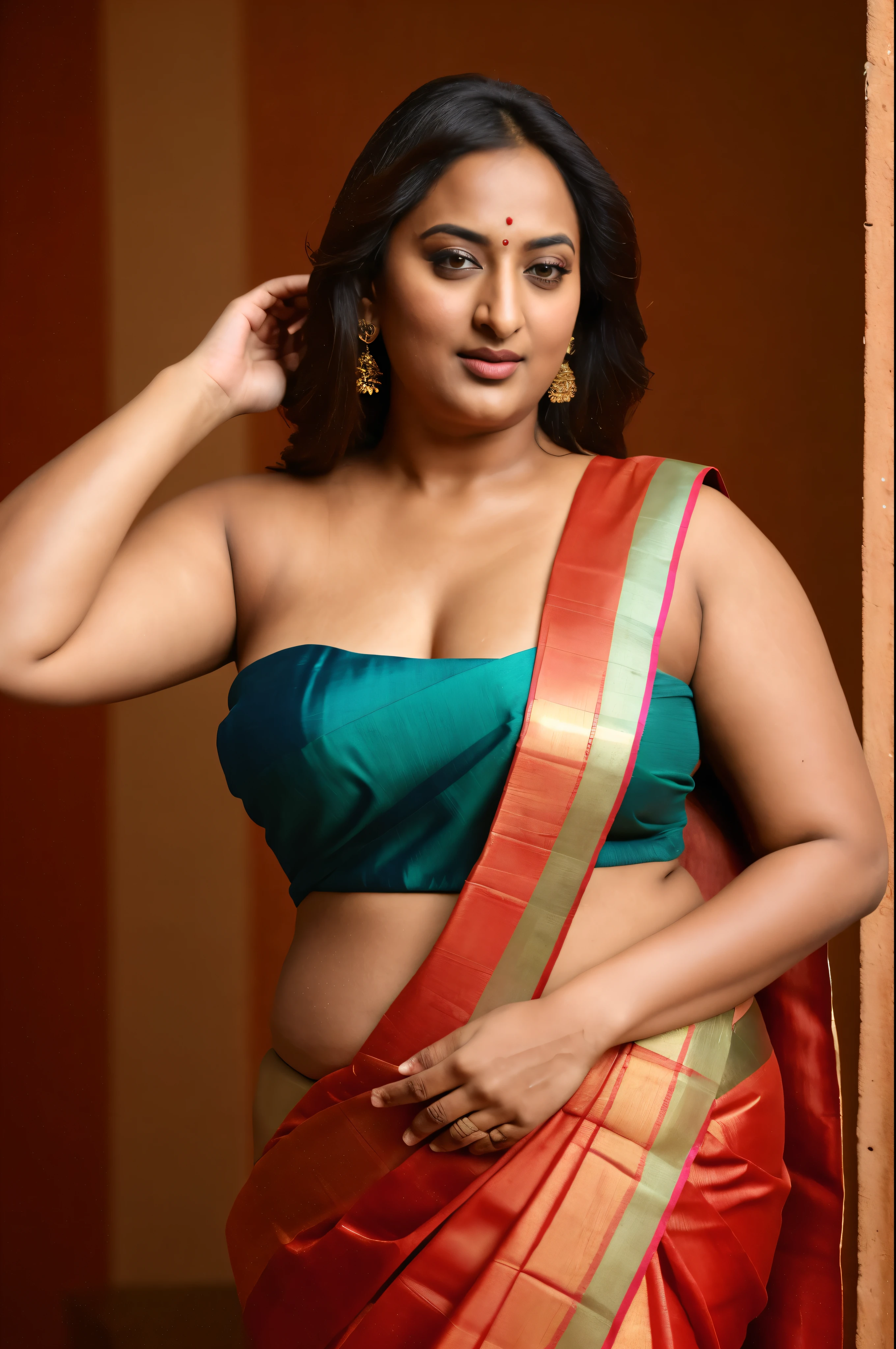 Foto RAW, photorealistic, photography, full body shot, 50 years old Woman, master shot, perfect eyes, goddess like beauty, pierced eyes, perfect thick chubby mallu Desi aunty bhabhi, Wearing a Stanapatta, a chest-band.Saree model, model Photography, Indian saree shoot, Indian traditional wear advertising photography, traditional wear brand shoot, face of Indian actress Sonakshi Sinha, masterpiece, realistic, realism, incredible details, pleasure, photorealism, detailed skin, skin pores, high contrast, photorealistic Artstation 8k HD digital art trend of high definition and detailed realistic skin texture, ultra detail, realistic skin texture, armature, best quality, ultra high definition, (photorealistic:1.4),, high resolution, detail, raw photo, sweat, Re sharp, by Lee Jefferies Nikon D850 Film Stock Photo 4 Kodak Portra 400 Camera F1.6 Lens Rich Color Ultra Real Realistic Realistic Textures Dramatic Lighting Unreal Engine Trending at Art Station Cinestill 800,(pele altamente detalhada: 1.2), 8k UHD, DSLR, soft-lighting, alta qualidade, grain of film, Fujifilm XT3,she didn't like to wear blouse or bra, she is happy to wear only saree, she hates blouse or bra, detailed hairy armpits, hyper realistic skin, skin pores, sweat, veins, short hairs on armpit, stubble armpits, hyper realistic hairy armpits, low waist saree,