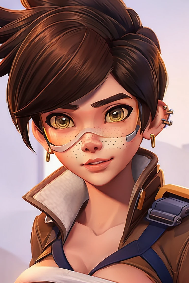 VHS cover for a porn starring tracer. hoop-earings. biting her lip. naked. nude. slut. small_boobs. freckles. pornstar nsfw. full body view.