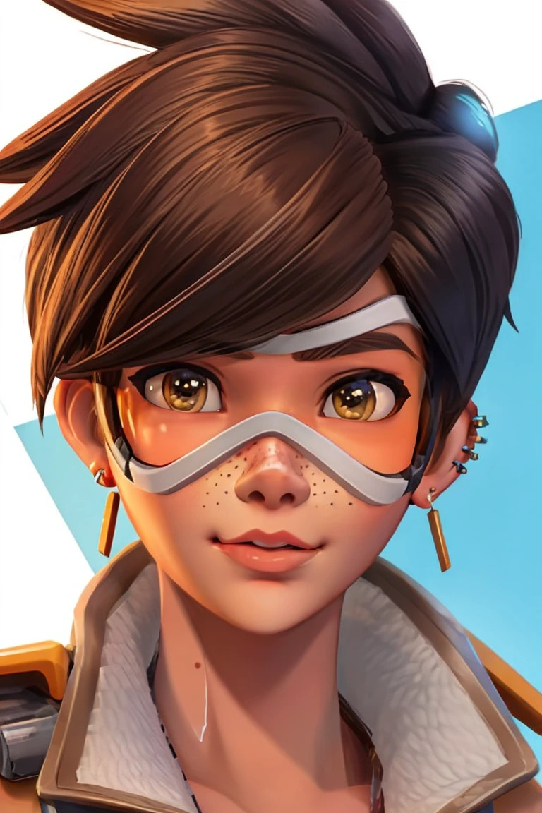 VHS cover for a porn starring tracer. hoop-earings. biting her lip. naked. nude. slut. small_boobs. freckles. pornstar nsfw. full body view.