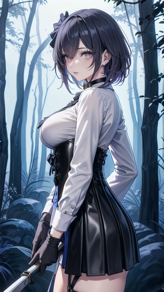 Masterpiece, Beautiful art, professional artist, 8k, Very detailed face, Detailed clothing, detailed fabric, 1 girl, Soul Fullness \(Honkai Impact 3rd\), front view, standing, BIG BREASTS, perfectly drawn body, shy expression, pale skin, beautiful face, short dark blue hair, 4k eyes, very detailed eyes, pink cheeks, choker:1.6, (white long sleeve button down shirt with white collar), black gloves, gloves that cover hands, (holds an ax with his right hand), (black leather corset), (shiny black tight mini skirt), Sensual Lips , winter night, show details in the eyes, looking at the viewer, dark forest, Atmosphere, fog, At night