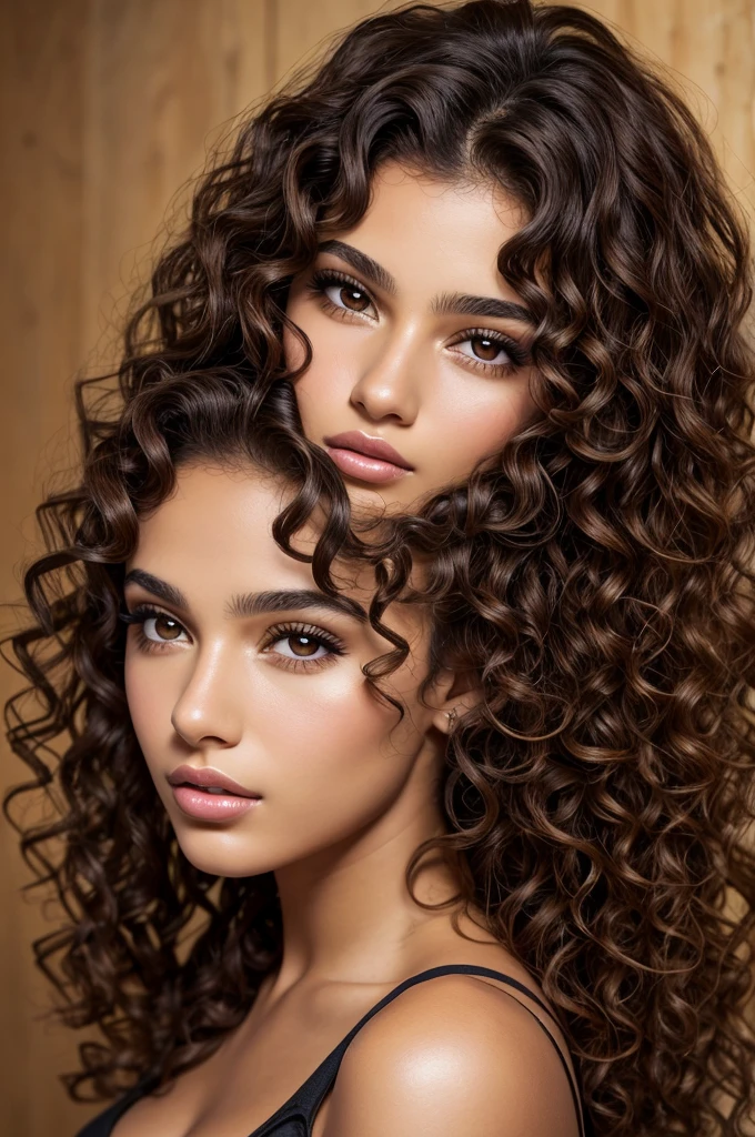 Young 19 years old cuban mixed italian woman, high cheekbones, glamourous gaze, curly brown hairs, long eyelashes, almond eye shape, shiny look, studio lightening
