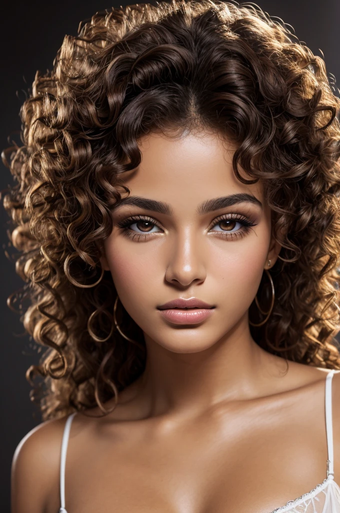 Young 19 years old cuban mixed italian woman, high cheekbones, glamourous gaze, curly brown hairs, long eyelashes, almond eye shape, shiny look, studio lightening
