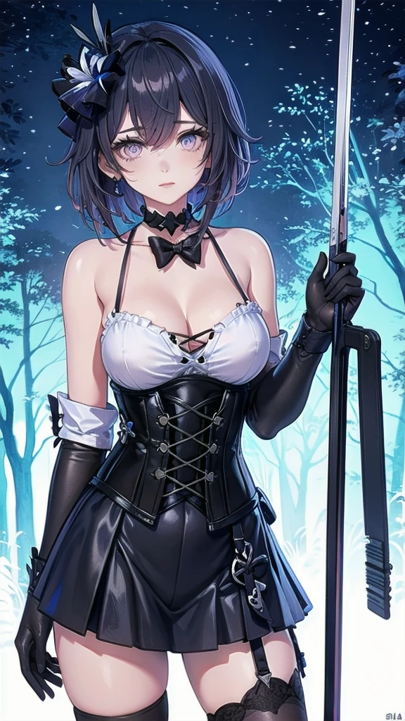 Masterpiece, Beautiful art, professional artist, 8k, Very detailed face, Detailed clothing, detailed fabric, 1 girl, Soul Fullness \(Honkai Impact 3rd\), front view, standing, BIG BREASTS, perfectly drawn body, shy expression, pale skin, beautiful face, short dark blue hair, 4k eyes, very detailed eyes, pink cheeks, choker:1.6, (white long sleeve button down shirt with white collar), black gloves, gloves that cover hands, (holds an ax with his right hand), (black leather corset), (shiny black tight mini skirt), Sensual Lips , winter night, show details in the eyes, looking at the viewer, dark forest, Atmosphere, fog, At night