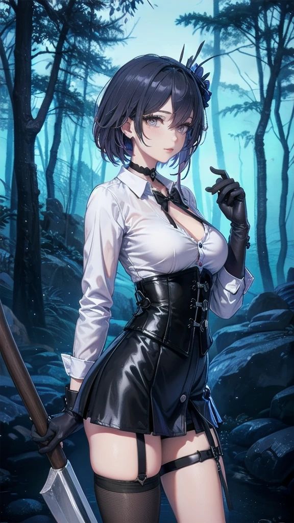 ((blood droplets)), ((blood)), ((blood splatter)), ((blood on clothes)), ((blood stain)), Masterpiece, Beautiful art, professional artist, 8k, Very detailed face, Detailed clothing, detailed fabric, 1 girl, Soul Fullness \(Honkai Impact 3rd\), front view, kneeling, BIG BREASTS, perfectly drawn body, shy expression, pale skin, beautiful face, short dark blue hair, 4k eyes, very detailed eyes, pink cheeks, choker:1.6, (white long sleeve button down shirt with white collar), black gloves, gloves that cover hands, (holds an ax with his right hand), (black leather corset), (shiny black tight mini skirt), Sensual Lips , winter night, show details in the eyes, looking at the viewer, dark forest, Atmosphere, fog, At night