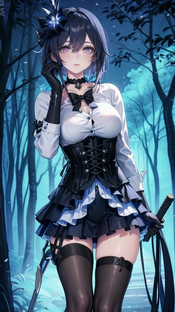 Masterpiece, Beautiful art, professional artist, 8k, Very detailed face, Detailed clothing, detailed fabric, 1 girl, Soul Fullness \(Honkai Impact 3rd\), front view, standing, BIG BREASTS, perfectly drawn body, shy expression, pale skin, beautiful face, short dark blue hair, 4k eyes, very detailed eyes, pink cheeks, choker:1.6, (white long sleeve button down shirt with white collar), black gloves, gloves that cover hands, (holds an ax with his right hand), (black leather corset), (shiny black tight mini skirt), Sensual Lips , winter night, show details in the eyes, looking at the viewer, dark forest, Atmosphere, fog, At night