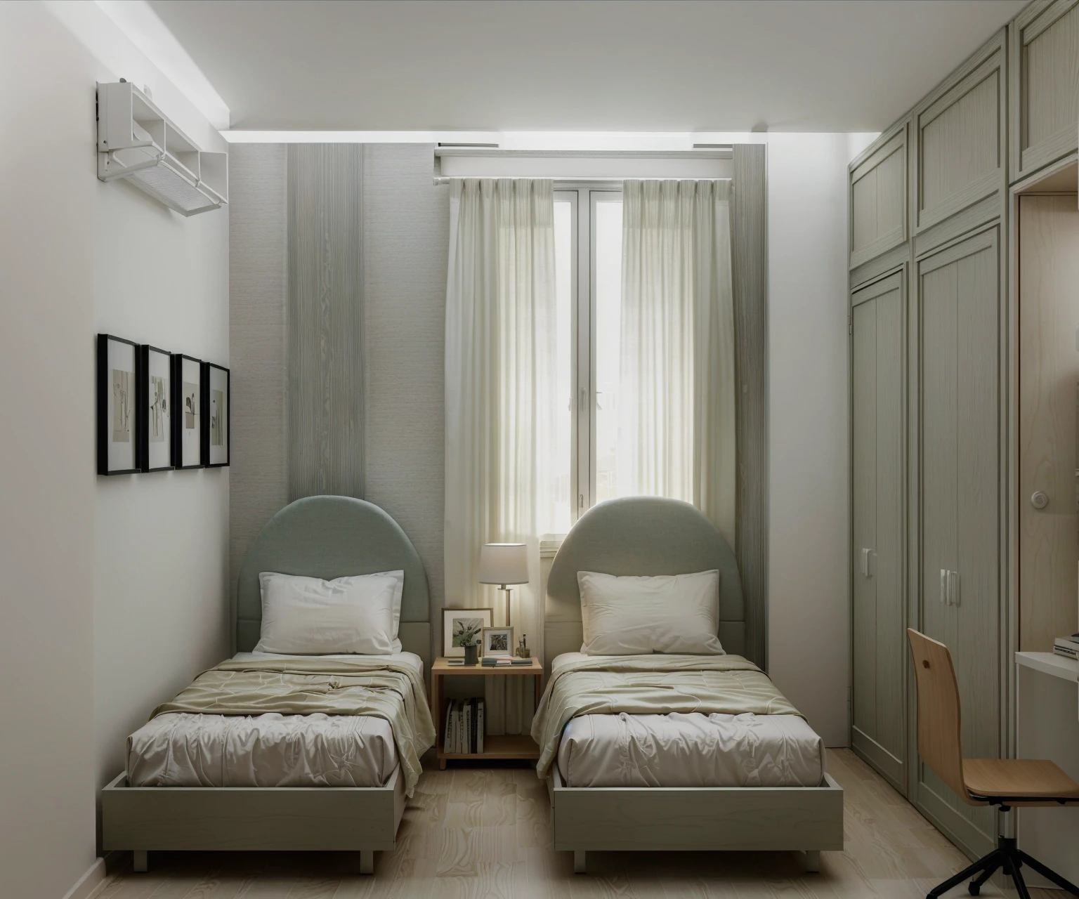 there are two beds in a small room with a desk and a chair, bedroom interior, small bedroom, inside of a bedroom, bed room, interior of room, natural light in room, furnished room, render in vray, rendered in vray, vray rendered, photorealistic room, interior of a small room, an interior of room, serene bedroom setting