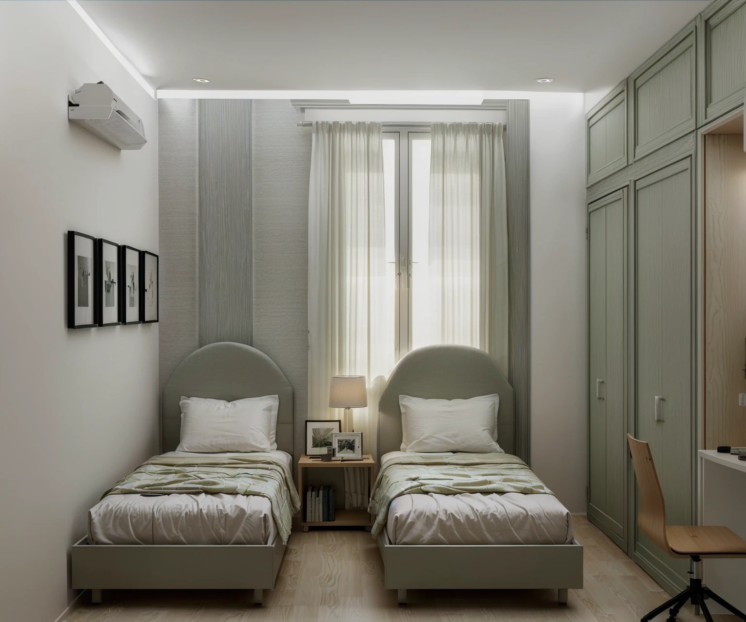 there are two beds in a small room with a desk and a chair, bedroom interior, small bedroom, inside of a bedroom, bed room, interior of room, natural light in room, furnished room, render in vray, rendered in vray, vray rendered, photorealistic room, interior of a small room, an interior of room, serene bedroom setting