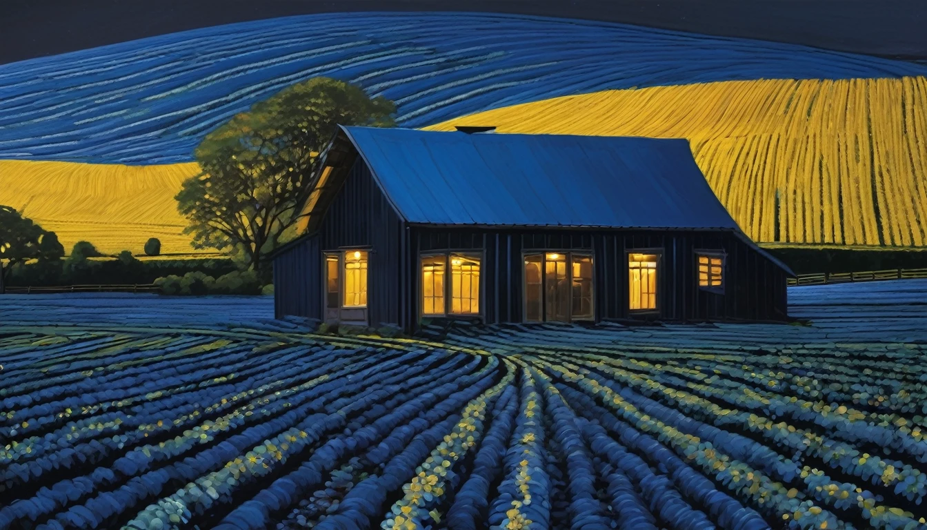 Night blue fields of shiny cottons with a slate roof farm