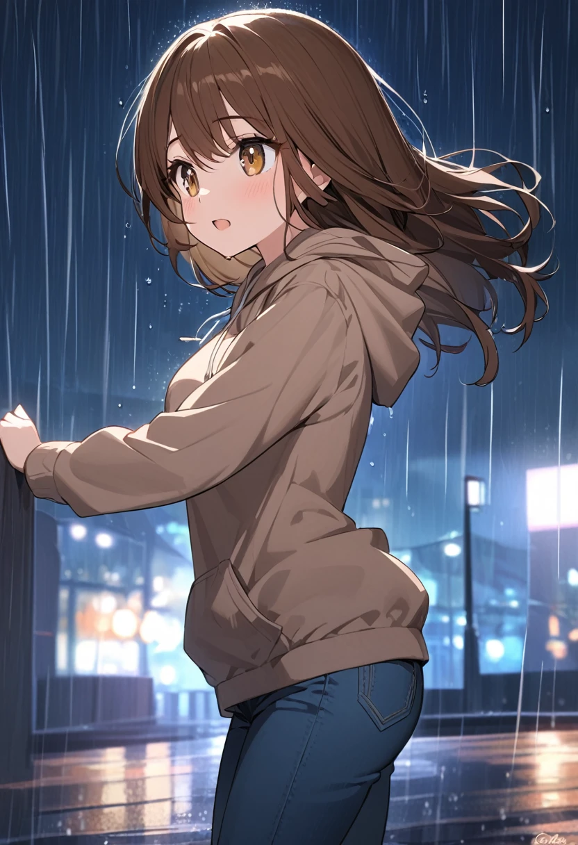 girl.Flowing brown hair, bronze eyes. Wearing a hoodie and jeans.At night she dances in the rain 

