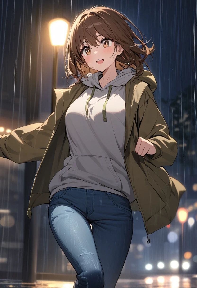 girl.Flowing brown hair, bronze eyes. Wearing a hoodie and jeans.At night she dances in the rain