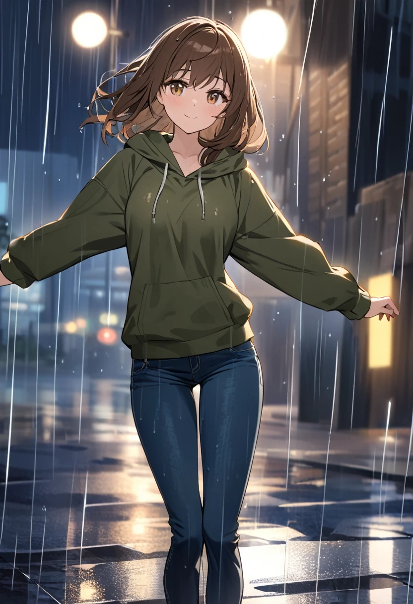 girl.Flowing brown hair, bronze eyes. Wearing a hoodie and jeans.At night she dances in the rain