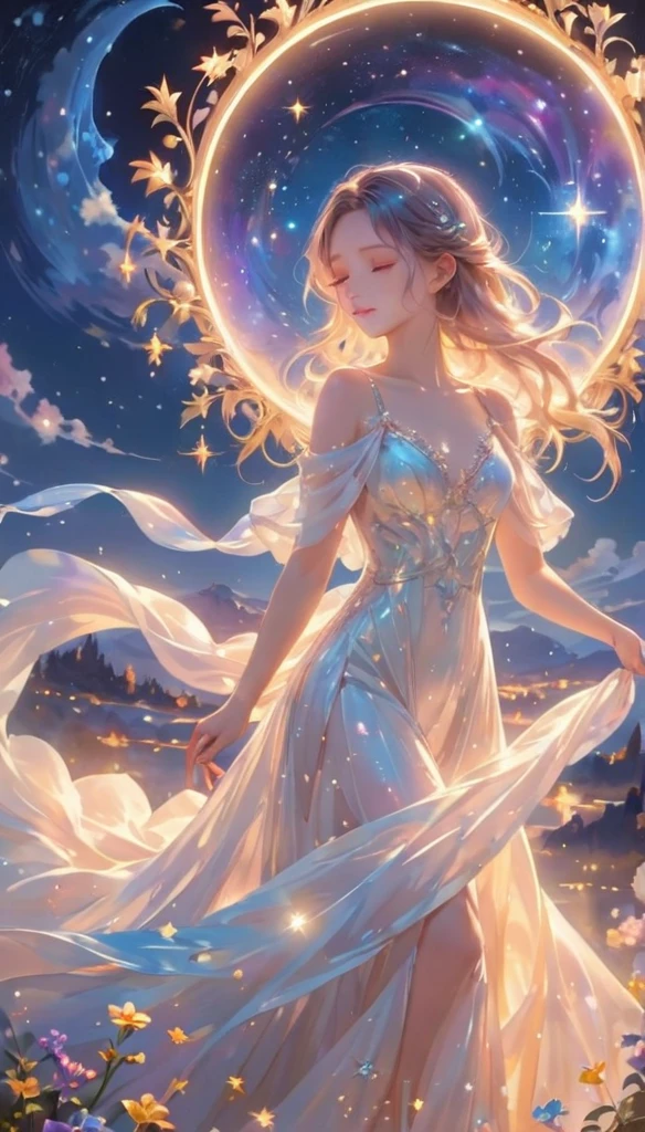 (best quality,4k,8k,highres,masterpiece:1.2),A girl standing alone under the starry night sky, with her silhouette illuminated by the soft moonlight and twinkling stars. Her face is beautifully detailed, with closed eyes, long and fluttering eyelashes, and exquisitely defined lips. She is dressed in an elegant gown, flowing and ethereal, embracing her figure gracefully as it glimmers with a subtle celestial glow. The intricate details of her dress catch the faint starlight, creating a mesmerizing sparkle. The surrounding landscape showcases a serene garden, lush with vibrant foliage and colorful flowers. The air is filled with a gentle breeze, causing the leaves to rustle and the flowers to sway delicately. The garden is bathed in a warm, dreamy color palette, with hues of deep blues, purples, and hints of silver. The atmosphere is calm and tranquil, evoking a sense of peace and serenity. The artwork is of the highest quality, meticulously created with ultra-detailed brushstrokes and precise attention to every element. The texture and depth of the painting are breathtaking, with a sense of realism and photorealism that captures the awe-inspiring beauty of the night sky. The lighting is soft and diffused, casting a gentle glow over the entire scene, enhancing the magical ambiance. The girl's presence radiates a sense of mystery and wonder, as if she holds a secret connected to the celestial beings above. The overall composition evokes a feeling of timelessness and captures the essence of a StarSign, an artwork that embodies the celestial beauty and inner strength of a girl in harmony with the stars. (ai-generated:.25),(dsmile:.25)
