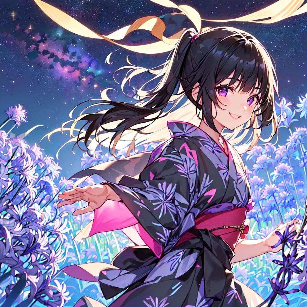 masterpiece, best quality, high quality, extremely detailed, very delicate and beautiful, (1 female 18 years old solo:1.5), (long black hair up to waist with two side up:1.5), bangs to eyebrows, eyes Eyes: 1.5), (long black hair up to waist with two side up), (bangs to eyebrows), (eyes: 1.3), (eye color magenta: 1.3), 6.5 head height, (yukata with agapanthus flower print: 1.3), knee socks, lace, frills, (smile), (running: 1.3), (smile), (dynamic pose), (agapanthus flower field in background: 1.3), ( Milky Way Night Sky: 1.3), (upper body:1.3)