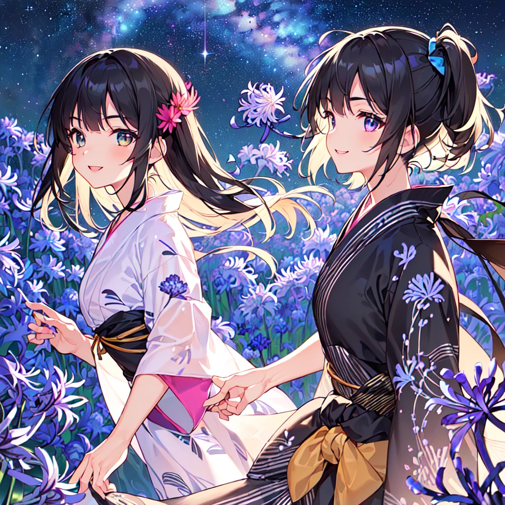 masterpiece, best quality, high quality, extremely detailed, very delicate and beautiful, (1 female 18 years old solo:1.5), (long black hair up to waist with two side up:1.5), bangs to eyebrows, eyes Eyes: 1.5), (long black hair up to waist with two side up), (bangs to eyebrows), (eyes: 1.3), (eye color magenta: 1.3), 6.5 head height, (yukata with agapanthus flower print: 1.3), knee socks, lace, frills, (smile), (running: 1.3), (smile), (dynamic pose), (agapanthus flower field in background: 1.3), ( Milky Way Night Sky: 1.3), (upper body:1.3)