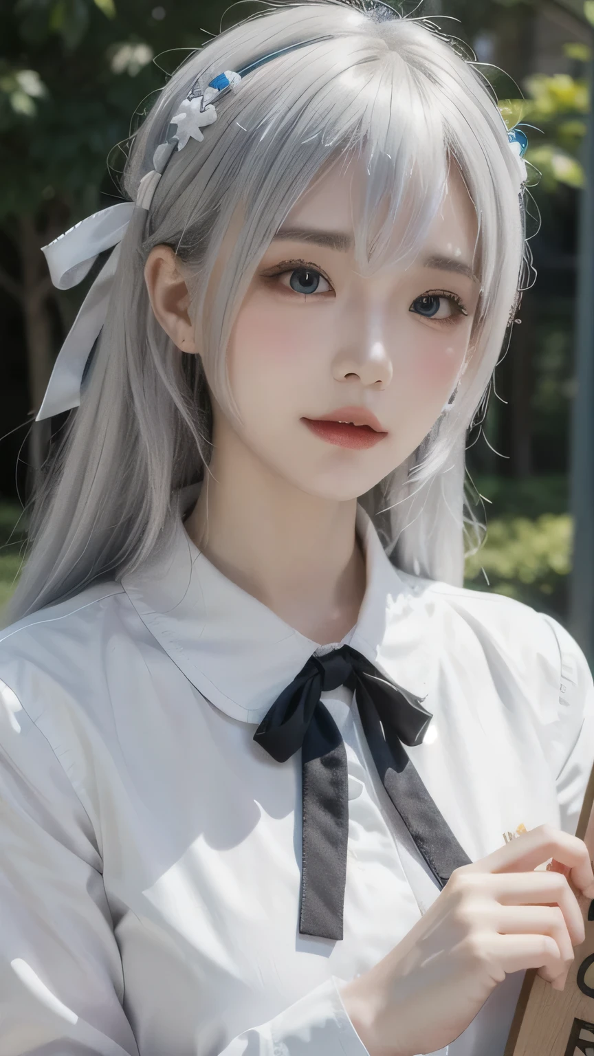 Dress your AI model in attire representing a social cause you care about, like holding a sign for environmental protection or wearing a ribbon for mental health awareness.
Partner with relevant influencers or organizations to amplify the message...white hair, shiny hair,