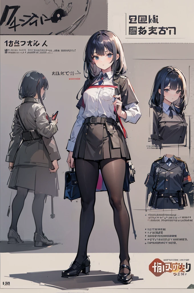 1 girl, multiple views, pencil sketch, (sketch:1.25), best quality, Line draft, highres, (ultra-detailed:1.1), (illustration:1.1), (infographic:1.2), (solo), perfectly drawn hands, standing, cohesive background, paper, action, (character design:1.1), ww2, world war 2