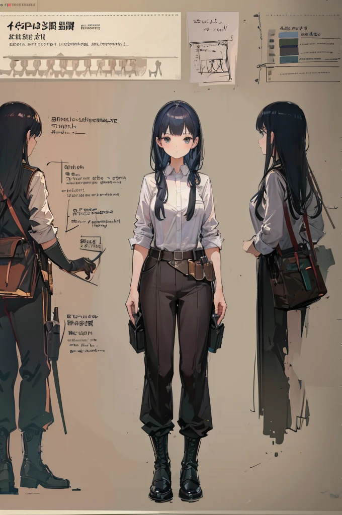 1 girl, multiple views, pencil sketch, (sketch:1.25), best quality, Line draft, highres, (ultra-detailed:1.1), (illustration:1.1), (infographic:1.2), (solo), perfectly drawn hands, standing, cohesive background, paper, action, (character design:1.1), ww2, world war 2