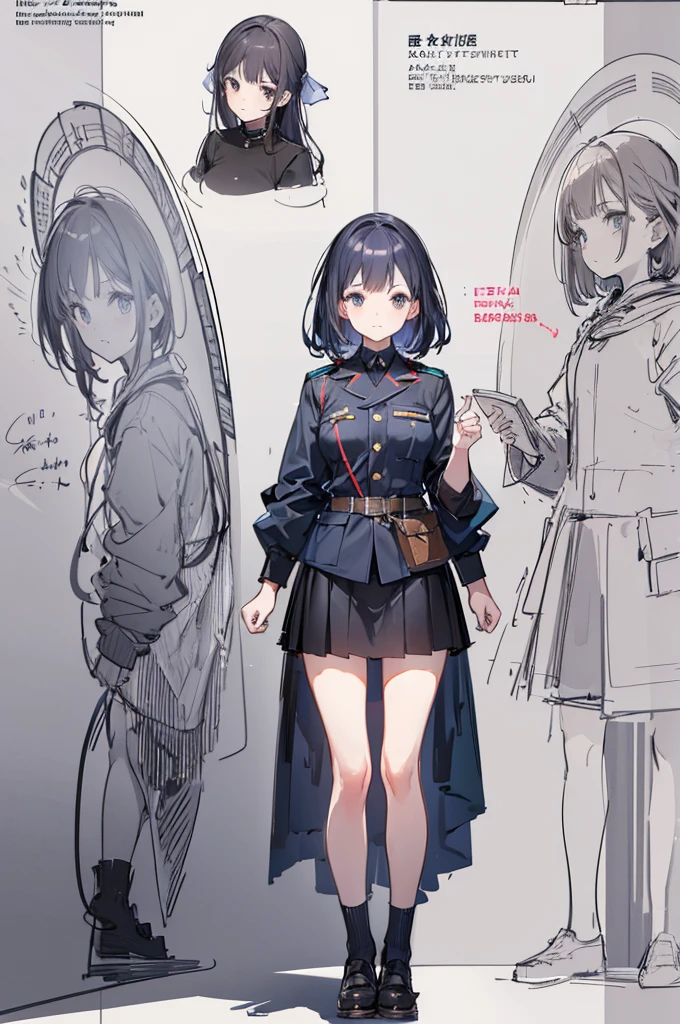 1 girl, multiple views, pencil sketch, (sketch:1.25), best quality, Line draft, highres, (ultra-detailed:1.1), (illustration:1.1), (infographic:1.2), (solo), perfectly drawn hands, standing, cohesive background, paper, action, (character design:1.1), ww2, world war 2