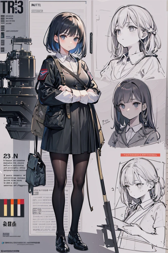 1 girl, multiple views, pencil sketch, (sketch:1.25), best quality, Line draft, highres, (ultra-detailed:1.1), (illustration:1.1), (infographic:1.2), (solo), perfectly drawn hands, standing, cohesive background, paper, action, (character design:1.1), ww2, world war 2