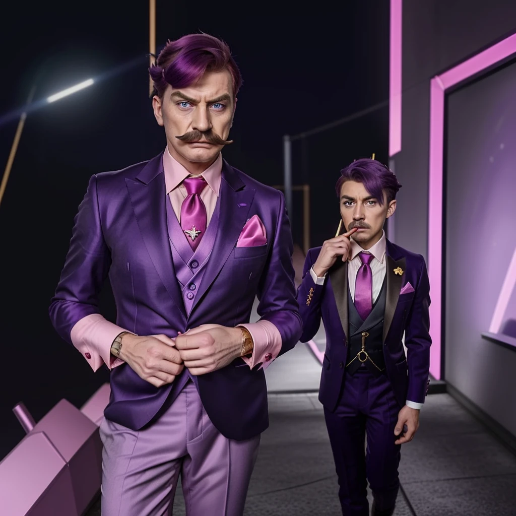 Haltmann, A cartoon character, angry look, purple hair, purple mustache, dressed in a dark blue suit with vertical pink lining, pink shirt, red tie, black shoes, cufflink and gold suit with a diamond red, pale purple skin, blue eyes, gold earpiece with antenna