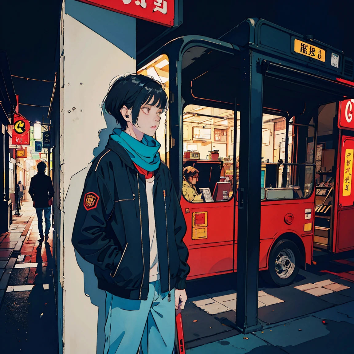 scooter, Nice and beautiful black haired Asian boy, Denim pants、black jacket、scarf、red bus passing nearby, perfect face, black jacket, neon black, (Backlight included: 1.1), solid shadow, masterpiece, best quality, complicated, model shooting style, vintage, film grain, Incomplete details、natural body、profile、photo taken from afar