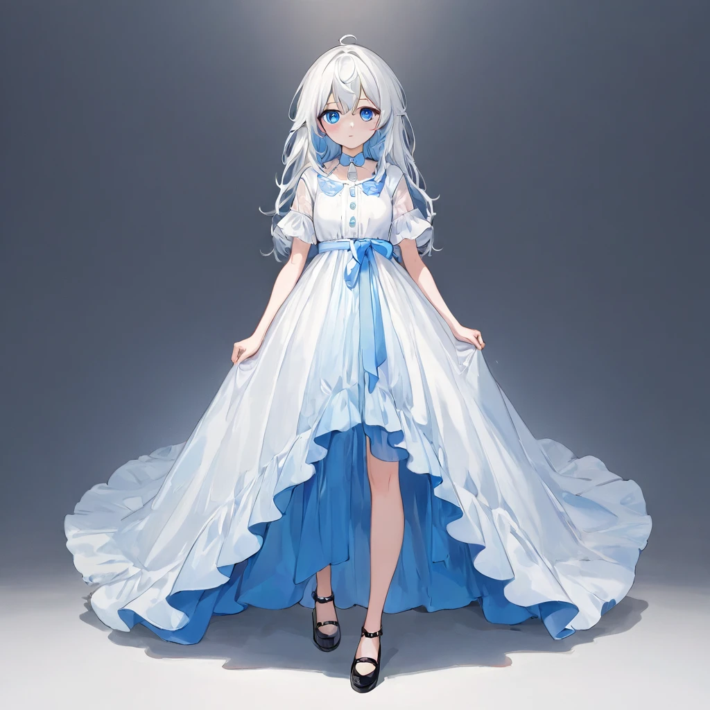 nothing, , by white, blue eyes, whole body, stare, causal dress