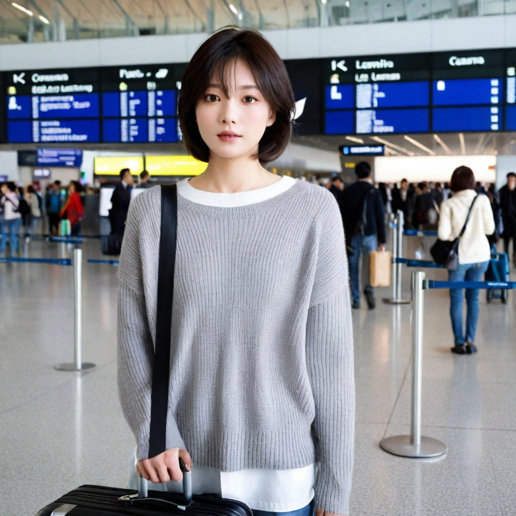 beautiful korean girl , 32 inch chest size, Your eyes are big and pretty. Short in stature. Standing in the departure hall of the airport. . short medium hair, Standing in line at the departure hall of Frankfurt Airport, Germany. He wore a wrinkled gray jumper over a white knit and jeans.Dragging a suitcase. short medium hair, short height, Full body shot with Canon camera 16-35 wide angle lens, short medium hair. uhd