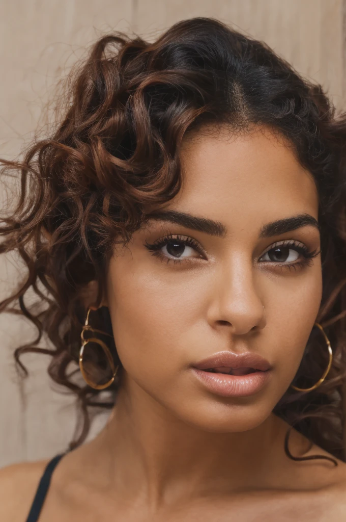 Young 19 years old cuban mixed italian woman, high cheekbones, glamourous gaze, curly brown hairs, long eyelashes, almond eye shape, shiny look, studio lightening