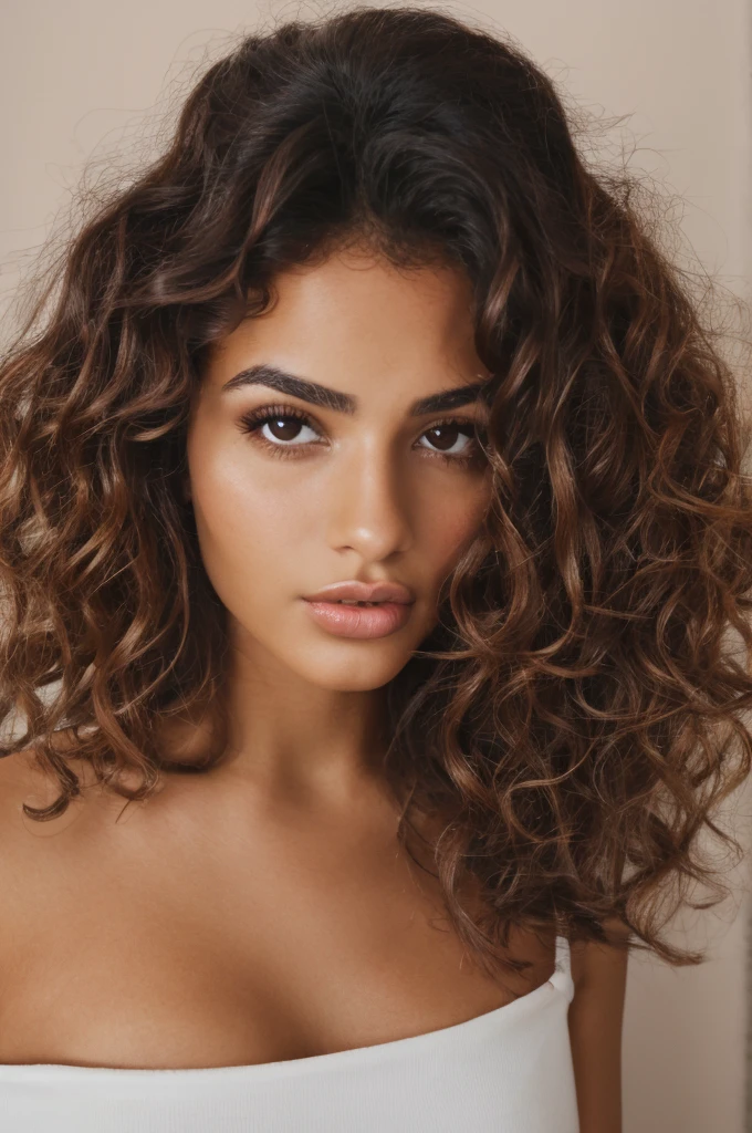 Young 19 years old cuban mixed italian woman, high cheekbones, glamourous gaze, curly brown hairs, long eyelashes, almond eye shape, shiny look, studio lightening
