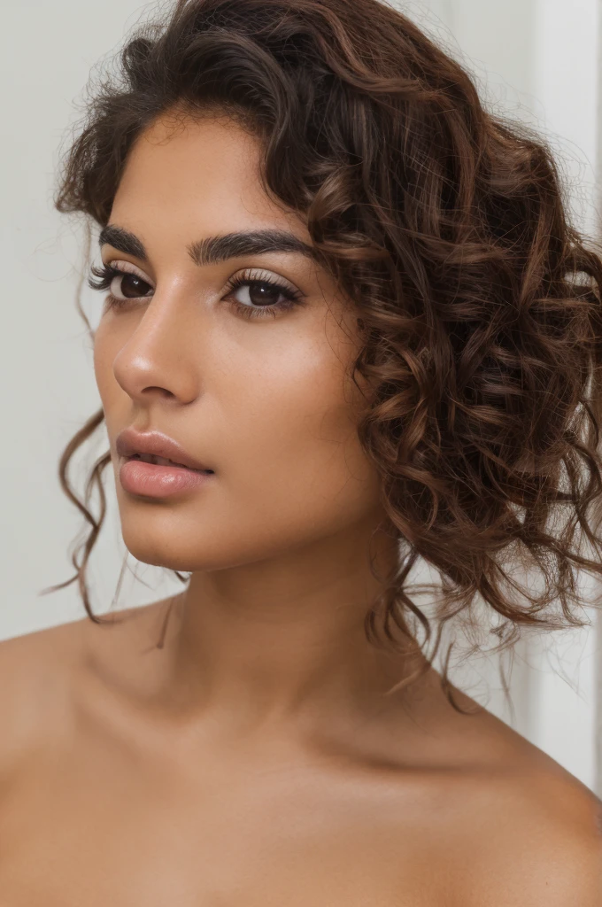 Young 19 years old cuban mixed italian woman, high cheekbones, glamourous gaze, curly brown hairs, long eyelashes, almond eye shape, shiny look, studio lightening