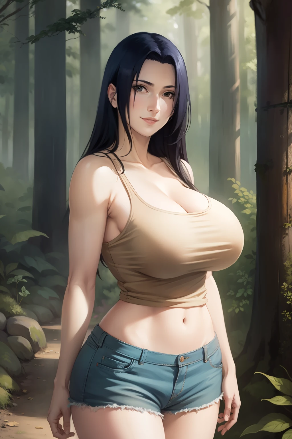 Mikoto Uchiha, oil painting, ultra-detailed, realistic, portrait, vivid colors, soft lighting, (best quality,4k,8k,highres,masterpiece:1.2), (big round breasts:1.5), professional, long black hair, black eyes, beautiful detailed eyes and face, extremely detailed smile, long eyelashes, looking at viewer, very short top, big ass, bare shoulders, white shorts, outdoors, forest, cowboy shot, clavicle.