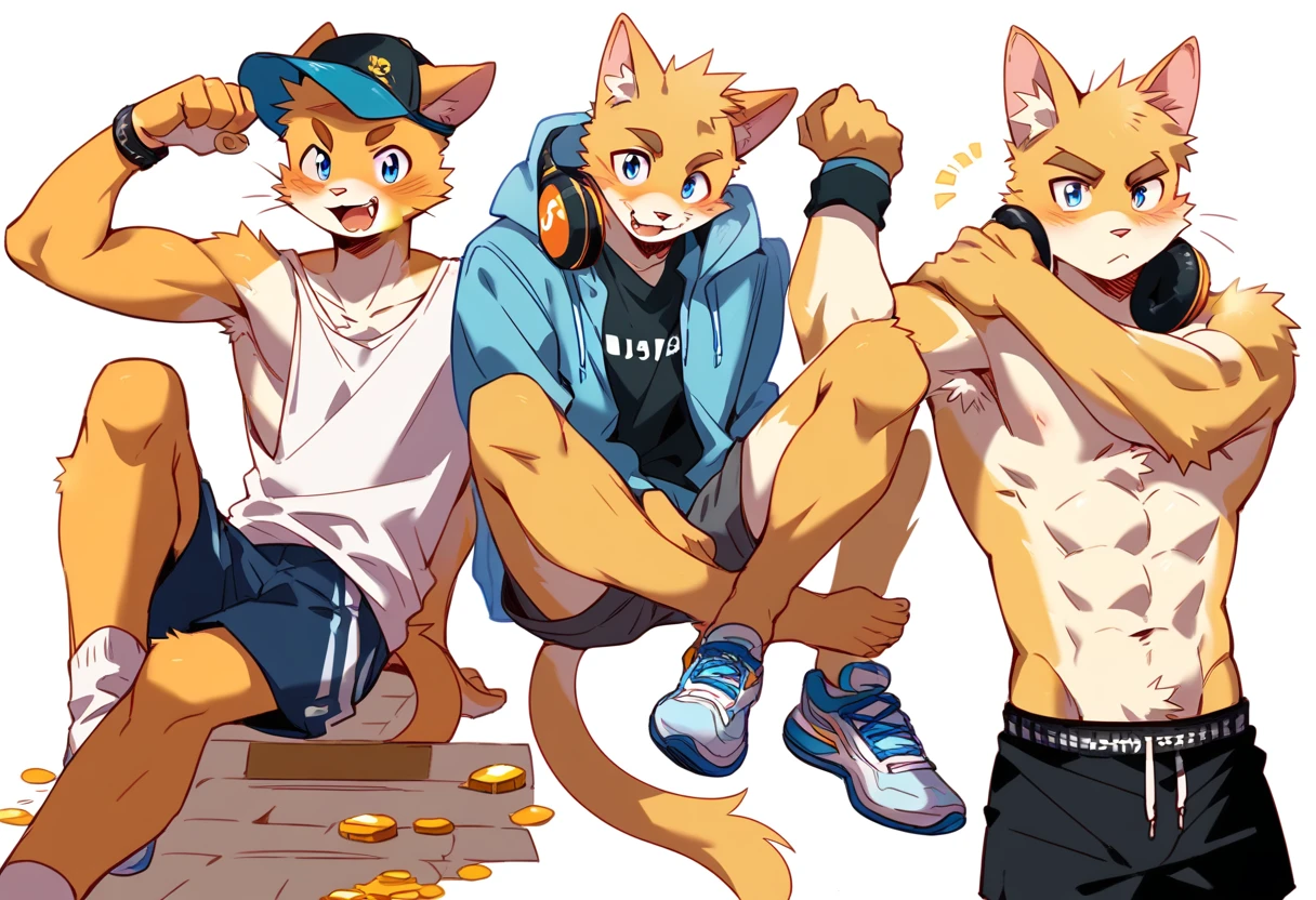 score_9, score_8_up, score_7_up, male, furry, high quality, hires, anthro, teenager, 16 years old, domestic cat, bright yellow fur, blue eyes, wide brown eyebrows, an excited expression, humanoid feet, slim body, prominent v-line, prominent abs, prominent legs, prominent forearm, prominent knees, white background, treasure trail, armpit hair, furry legs, in various sexy poses, headphones, cap, casual clothes, joggers, shorts, showing off, sitting, patting his abdomen, flexing