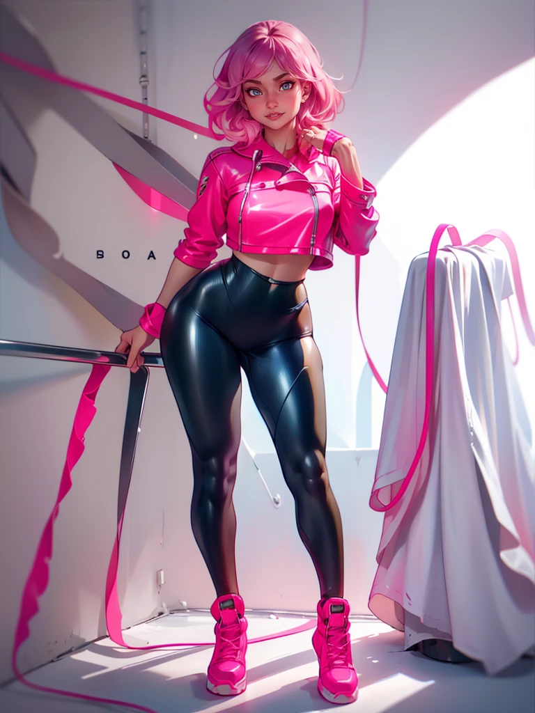 masterpiece, high quality, pink hair, grey eyes, 1girl, HQl4t3xp4nts, standing,full body,tight pants, leather pants,  ((white background, solo)), top,