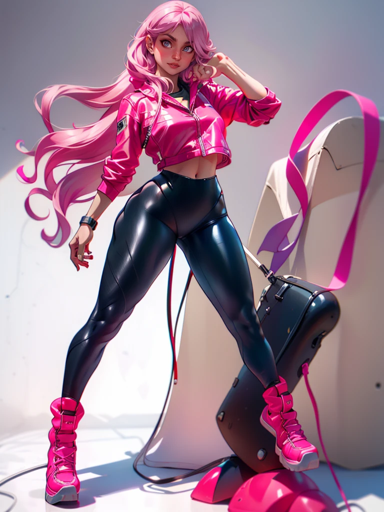 masterpiece, high quality, pink hair, grey eyes, 1girl, HQl4t3xp4nts, standing,full body,tight pants, leather pants,  ((white background, solo)), top,