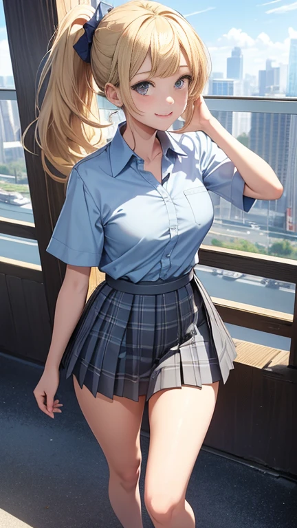 (masterpiece:1.3, Highest quality, Ultra-high resolution, Very detailed), (Realistic:1.1, photoRealistic:1.4), Beautiful illustrations, Perfect lighting, colorful, Written boundary depth, Beautiful detailsまでこだわった髪, Beautifully detailed face, Beautiful details, Beautiful clavicle, Beautiful body, Beautiful breasts, Beautiful thighs, Beautiful legs, Beautiful fingers, View your audience, 1 Girl, Japanese, high school girl, Perfect Face, (Perfect ???????, Anatomically correct), Cute and symmetrical face, Baby Face, Sunburn, Shiny skin, (Mid-length hair:1.5, ponytail:1.2, blonde), Asymmetrical bangs, blue eyes, Long eyelashes, (Medium Chest), thin, ((Collared short-sleeved shirt, Light blue shirt, , Grey plaid pleated skirt, To the Navy)), No pants, (Beautiful views), evening, (Outdoor, distant cityscape), Are standing, (peace sign), (Cute Smile, 鬠红、Upward glance, Open your mouth), (Open Girl'Cat:1.3), hour々squat:1.2,Put your finger in your pussy:1.5,((A large amount of pee is sprayed from the vagina)),((((Very few, Young face and breasts)))),(Cleavage:1.1),(Very small and flat chest:1.2),