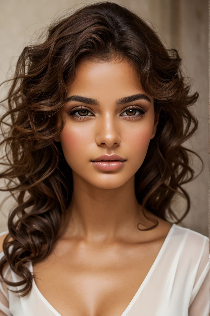 Young 19 years old cuban mixed italian woman, high cheekbones, glamourous gaze, curly brown hairs, long eyelashes, almond eye shape, shiny look, studio lightening