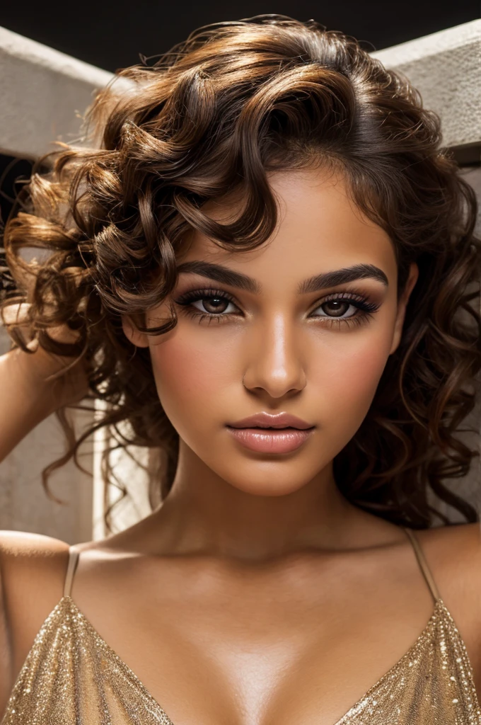 Young 19 years old cuban mixed italian woman, high cheekbones, glamourous gaze, curly brown hairs, long eyelashes, almond eye shape, shiny look, studio lightening
